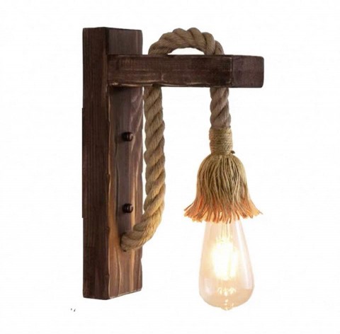 Đèn gắn tường vuông góc hình chữ L, khung gỗ - dây thừng, KT: 200*300 mm