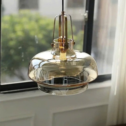 Chao đèn thả thủy tinh màu TRÀ, có quai treo 4 lỗ xi mạ vàng