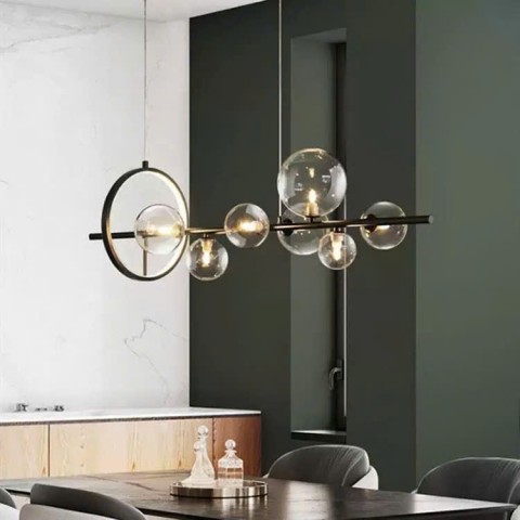 Bộ đèn thả trần chóa thủy tinh hình VÔ LĂNG - 7 bóng, khung đèn màu sơn đen sơn tĩnh điện, chóa màu TRẮNG/TRONG