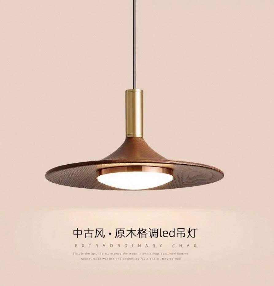 Chao đèn thả VÂN GỖ - dạng ĐĨA, CHUÔI MẠ VÀNG, có sẵn led 6W, đường kính chao đèn - D250mm